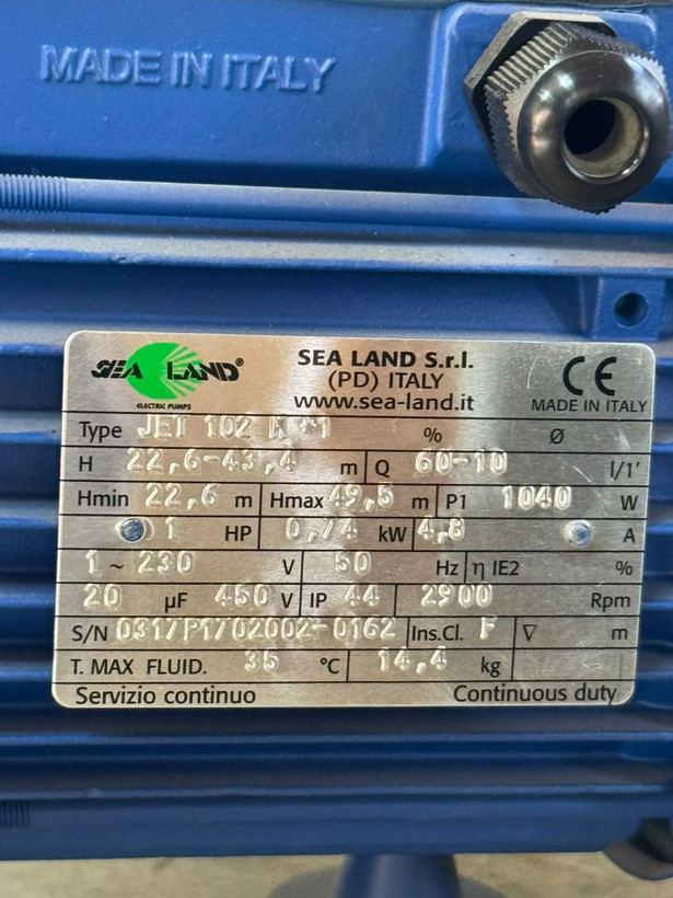 پمپ تک پروانه جتی 1 اسب تکفاز سیلندر ایتالیا مدل JET 102 m*1 :